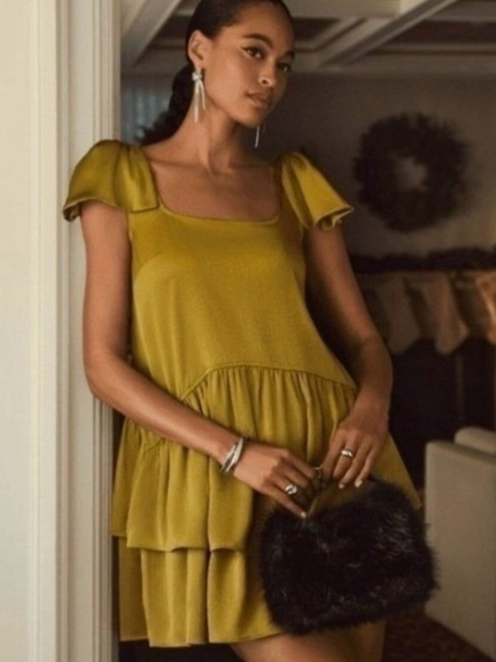 Scoop Chartreuse Tiered Babydoll Mini Dress